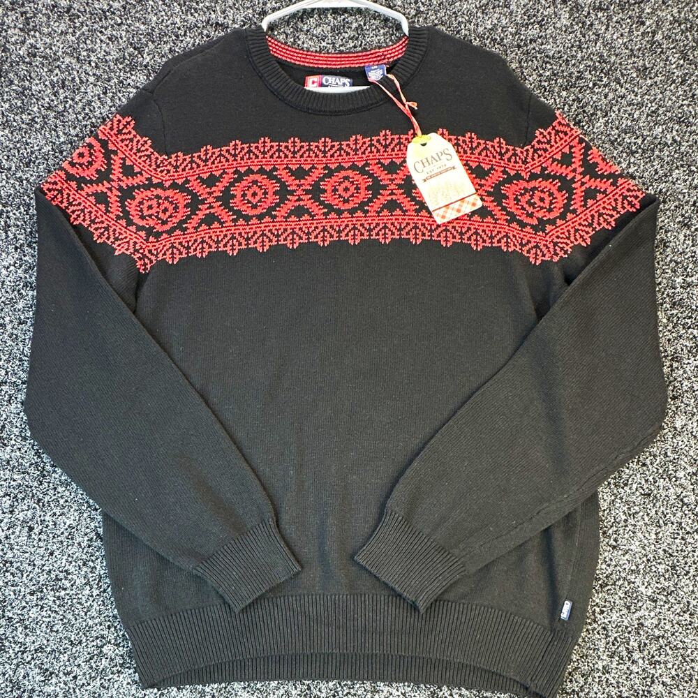 Chaps Mens L Black Red Crew Neck Fair Isle Cotton Knit Pullover Sweater Logo